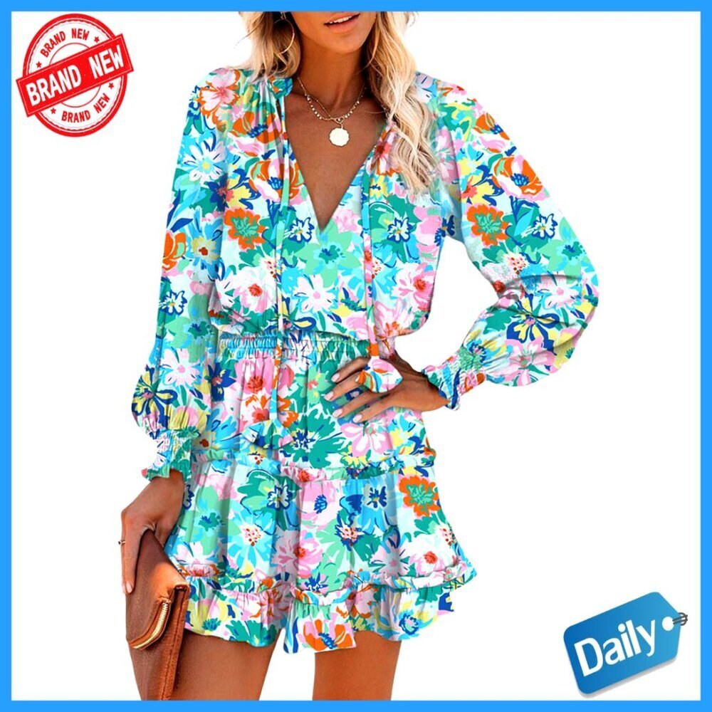 Boho Floral Mini Dress Long Sleeve V Neck Smocked Waist Ruffle Tiered